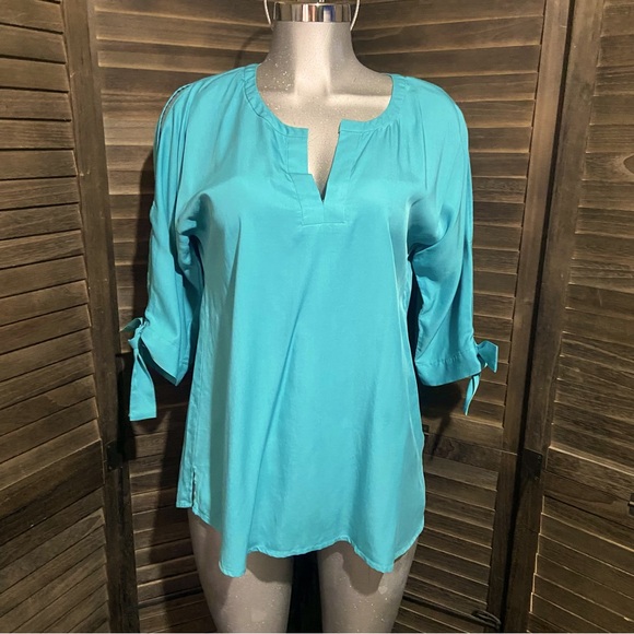 Soft Surroundings Teal Blouse Top Bow Sleeve V Neck Sz Small Oversized Loose Fit - Picture 1 of 10